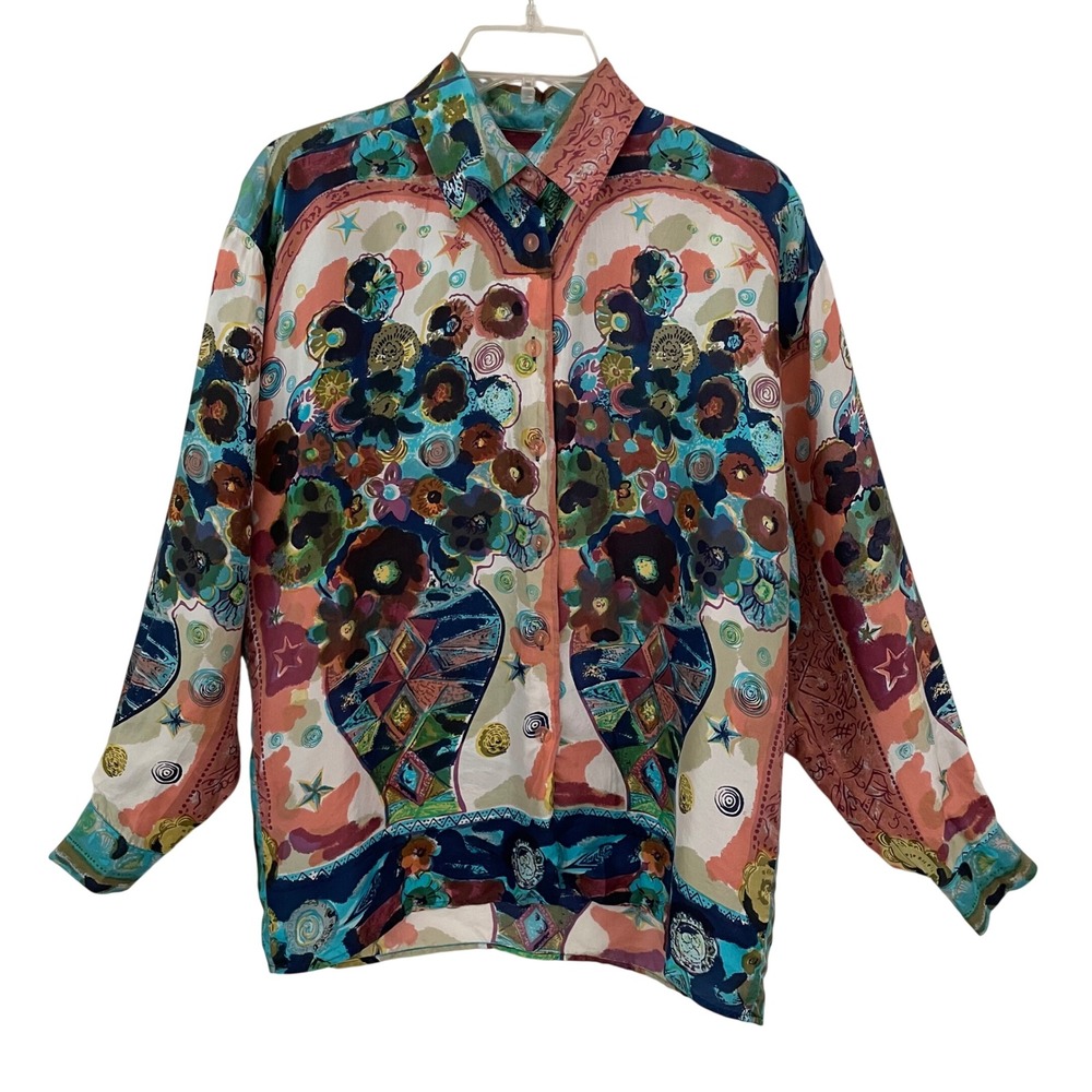 Vintage Art to wear silk long‎ sleeve graphic print blouse women's *XL READ